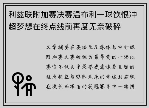 利兹联附加赛决赛温布利一球饮恨冲超梦想在终点线前再度无奈破碎 利兹联附加赛决赛温布利一球饮恨冲超梦想在终点线前再度无奈破碎